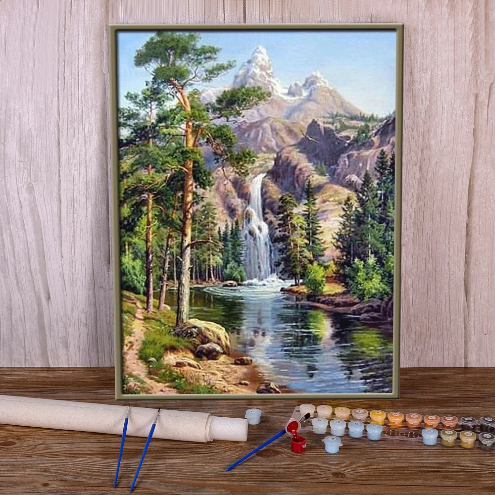 

DIY Pictures By Numbers Mountain Waterfall Handpainted Kits Drawing Canvas Oil Painting Package Home Decoration Art Gift 50x70cm