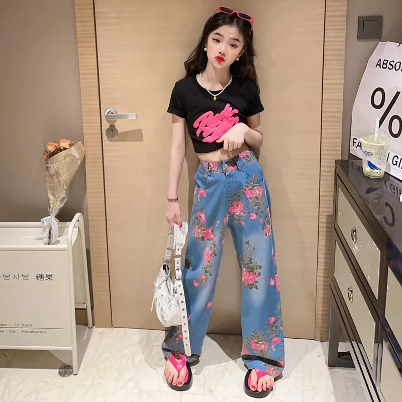 

Teen girls clothes set Costumes 12 14 Summer kids Girl Outfits Floral Short Sleeve T-shirt+Jeans 2pcs Casual Children Clothing