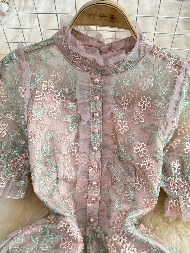 

Women Summer Dress Vertical Neck Embroidered Lace Panels with Waist Closure for A Slim A-line Elegant Long Dress D3249