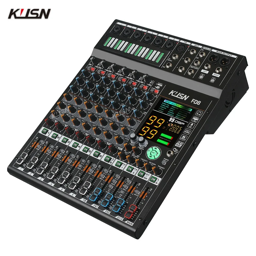 8채널 오디오 믹서 2*99 DSP 3그룹 Aux 송신 디지털 전문 콘솔 사운드 믹서 콘솔 블루투스 MP3 USB 지원