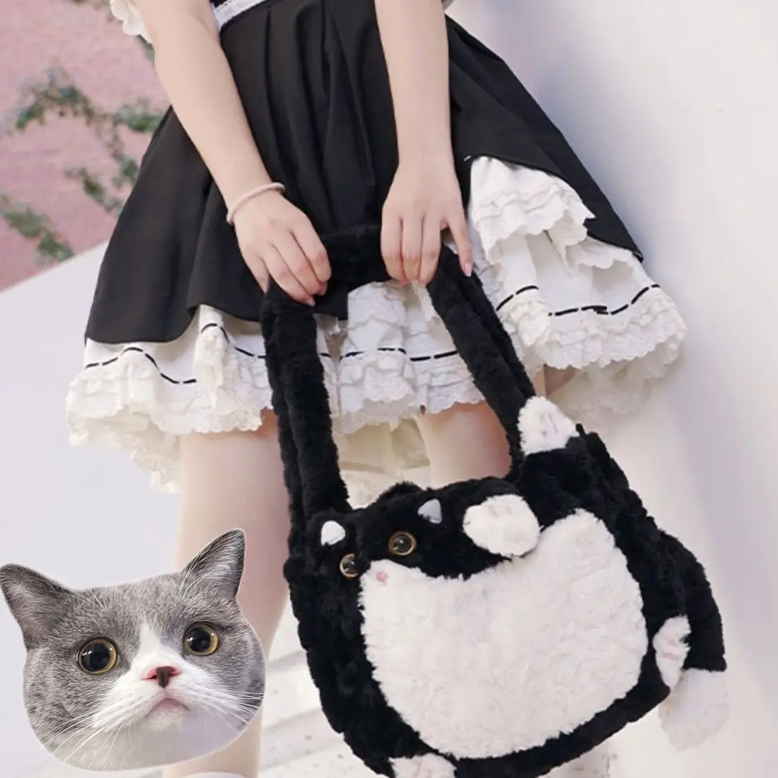 JIAERDI Sweet Cute Cat Black White Shoulder Bags Women Harajuku Aesthetic Plush Y2k Crossbody Bags Girl Large Capacity Tote Bag