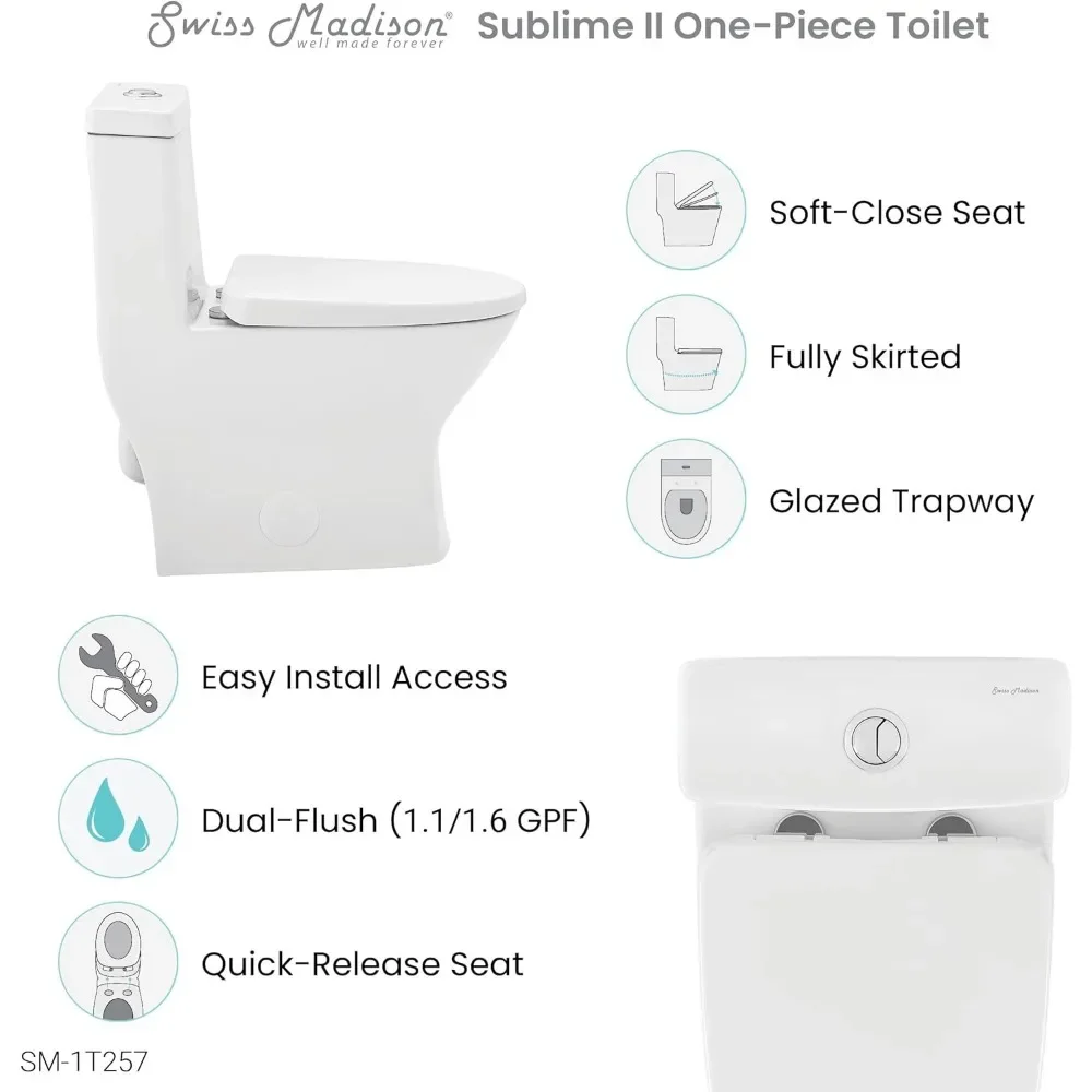 24" Length One Piece Toilet Dual Flush 1.1/1.6 GPF with Side Holes Glossy White Toilets Bathroom Items Folding Cleaning Parts 3