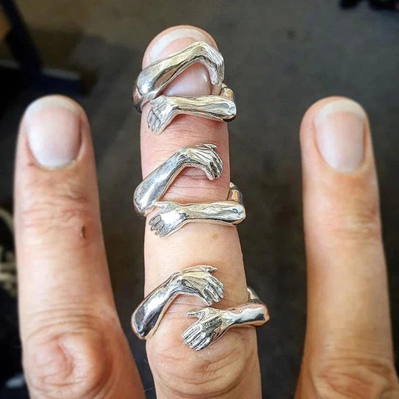 Fashion Couple Rings Statement Jewelry Accessories Wedding Anniversary Gifts Vintage Love Hugging Hands Open Rings for Women/Men