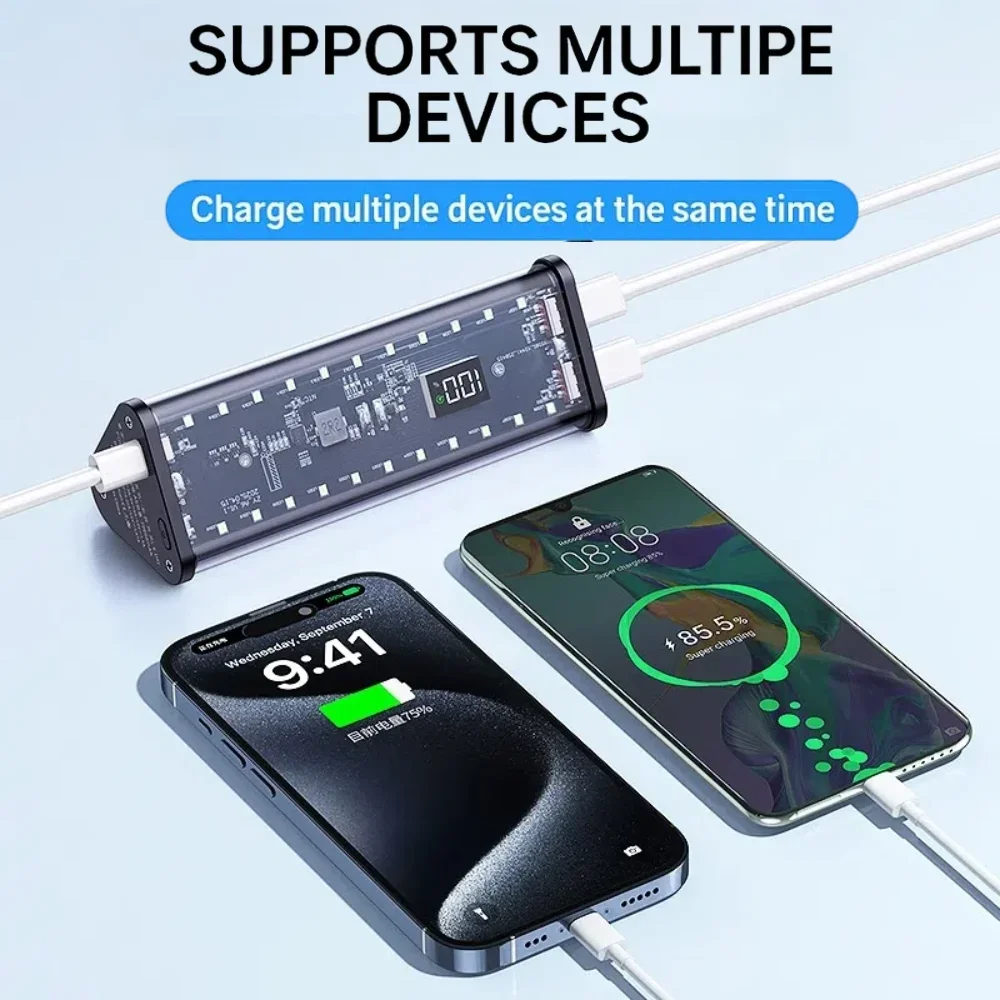 20000mAh 22.5W 모바일 전원 DIY 케이스 납땜 없음 6*18650 배터리 상자 DIY 충전 전원 LED 조명이있는 투명 쉘
