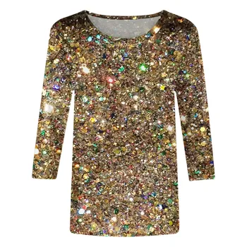 Long Sleeve Round Neck Sequni Women T-Shirts Sexy Shiny Clubwear Party Costume Steetwear Hip Hop y2k Female Clothing 2024 Blouse 1