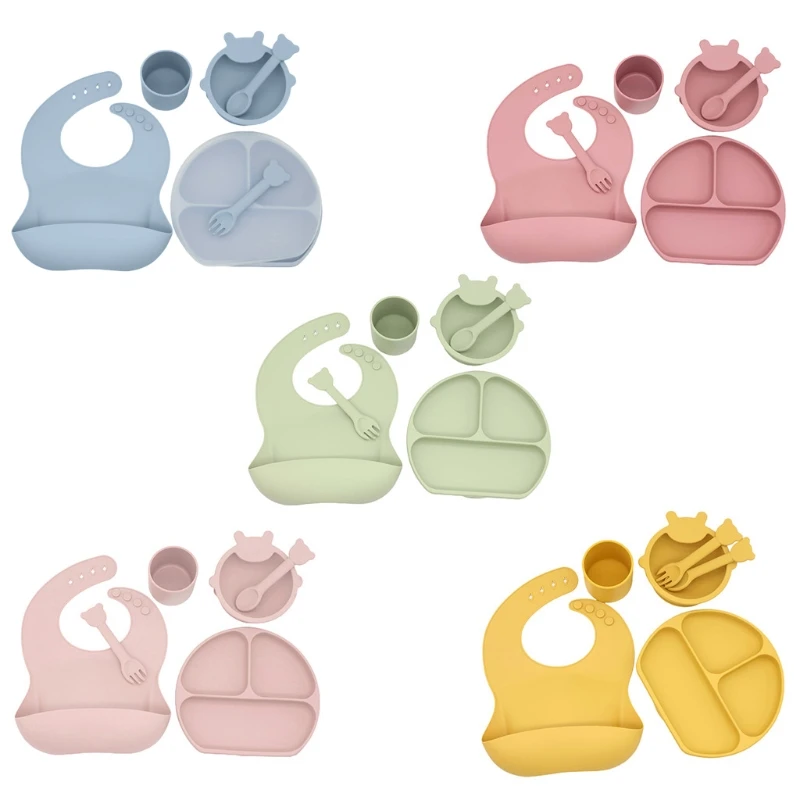 

Baby Silicone Bib Divided Dinner Plate Suction Bowl Spoon Fork Cup Tableware Set