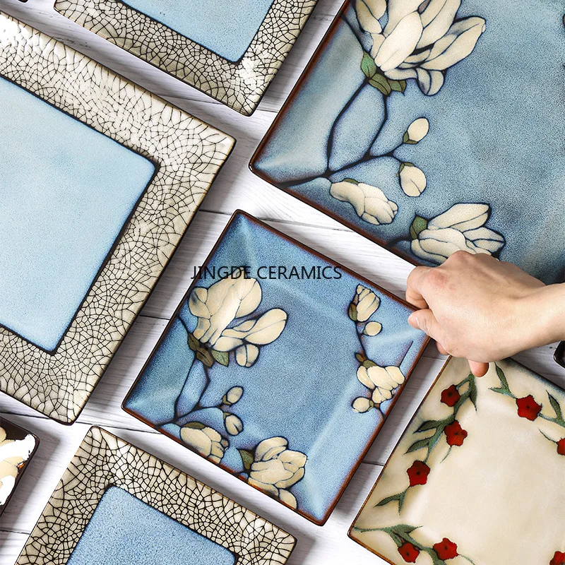 1pc 손으로 그린 ??세라믹 사각형 플랫 플레이트 스시 플레이트 Underglaze 컬러 접시 주방 용품 저녁 식사 접시, 가정 용품