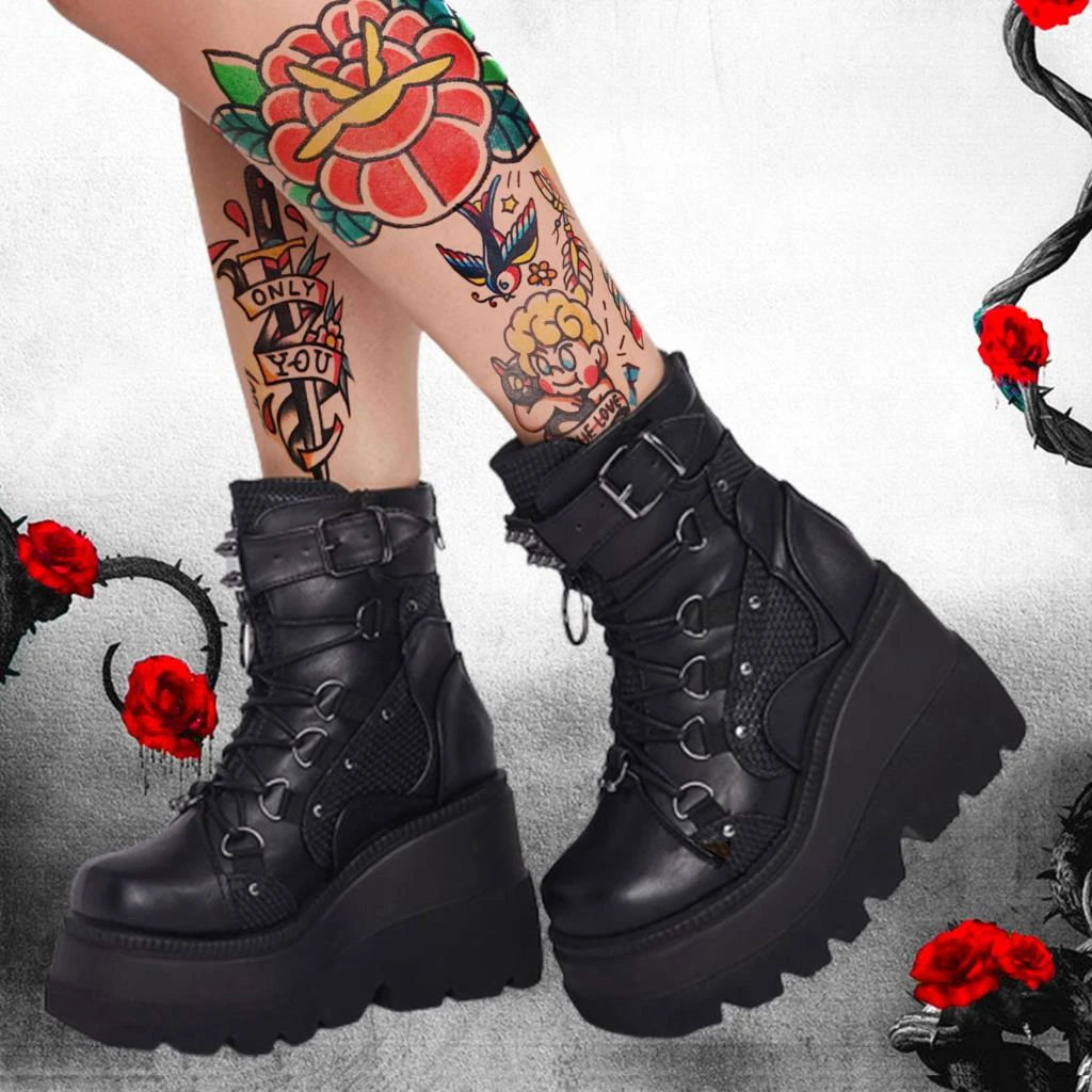 GIGIFOX Brand Fashion Gothic Big Size 43 High Heels Black Back Zipper Ankle Platform Boots Street Cool Woman Wedges Shoes