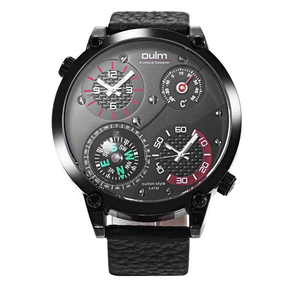 Quartz Watch For Men Tough Guy Thermometer Big Size Large Dial Men's Watch Double Time Zone Compass Leather Relogios Masculino