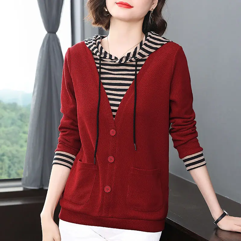 Fake Two Pieces Hooded Sweatshirts Female Clothing Casual Drawstring Spring Autumn Fashion Solid Color Striped Spliced Pullovers