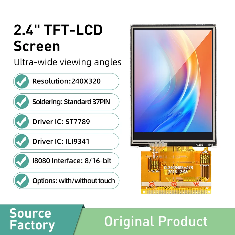 TFT LCD 터치 디스플레이 모듈, IPS 컬러 TN MCU 병렬 포트 I8080 37 핀 납땜 8/16 비트, ST7789V ILI9341 드라이버 칩, 2.4 인치