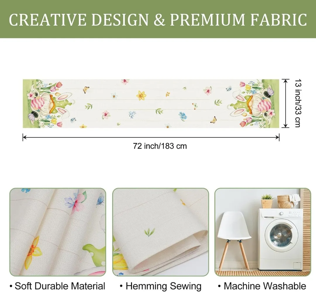 Easter Bunny Gnome Table Runner 13x72 Inch Eggs Rabbit Ears Floral Spring Seasonal Holiday Kitchen Dining Table Decoration 6