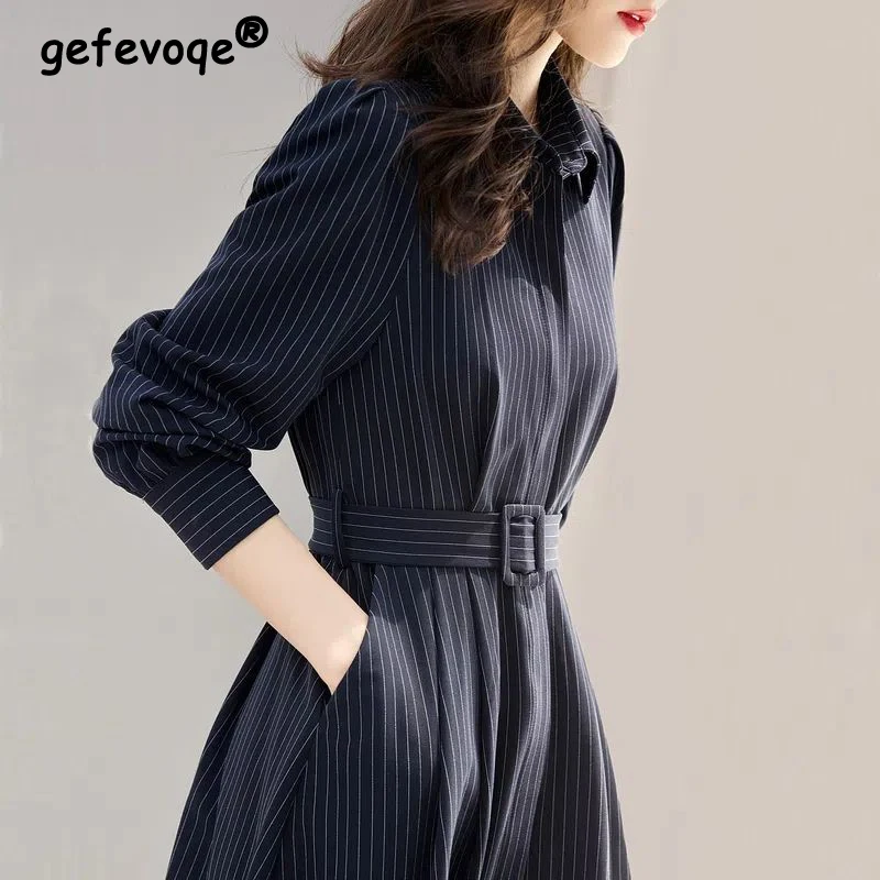 

Women Fashion Retro Striped Print Bandage Elegant High Waist Party Dresses Autumn Office Lady Slim Long Sleeve Shirt Midi Dress