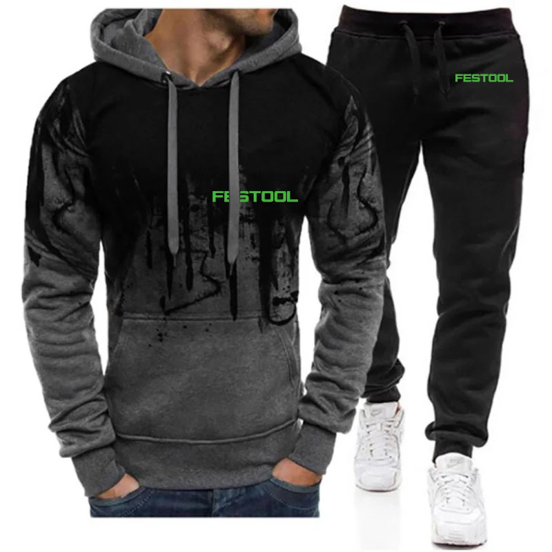 Festool Tools 2023 new men's printing fashion gradient suit pullover hooded casual sweatpants comfortable top suit