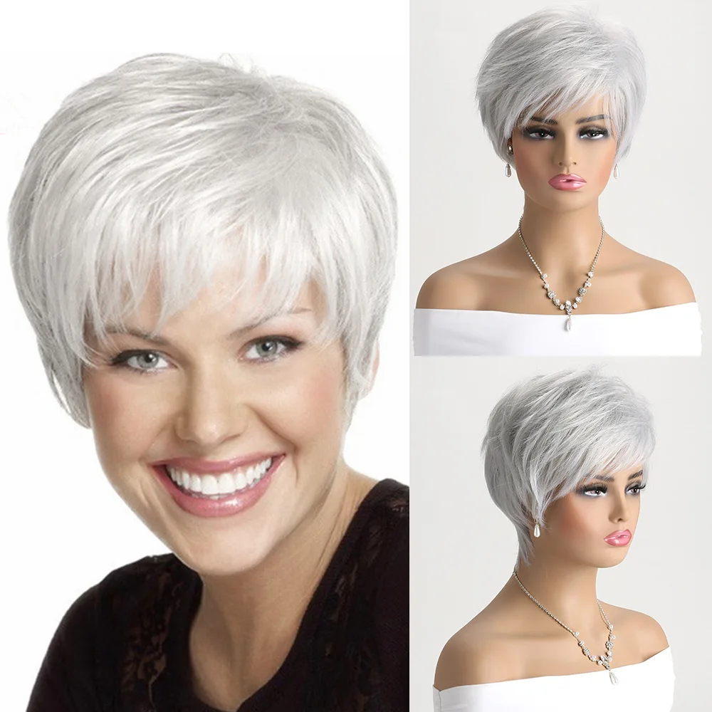 Soft & Healthy Mommy Hair Grey Short Wigs with For Women Silver White Heat Resistant Synthetic Full Wig for Cosplay Party