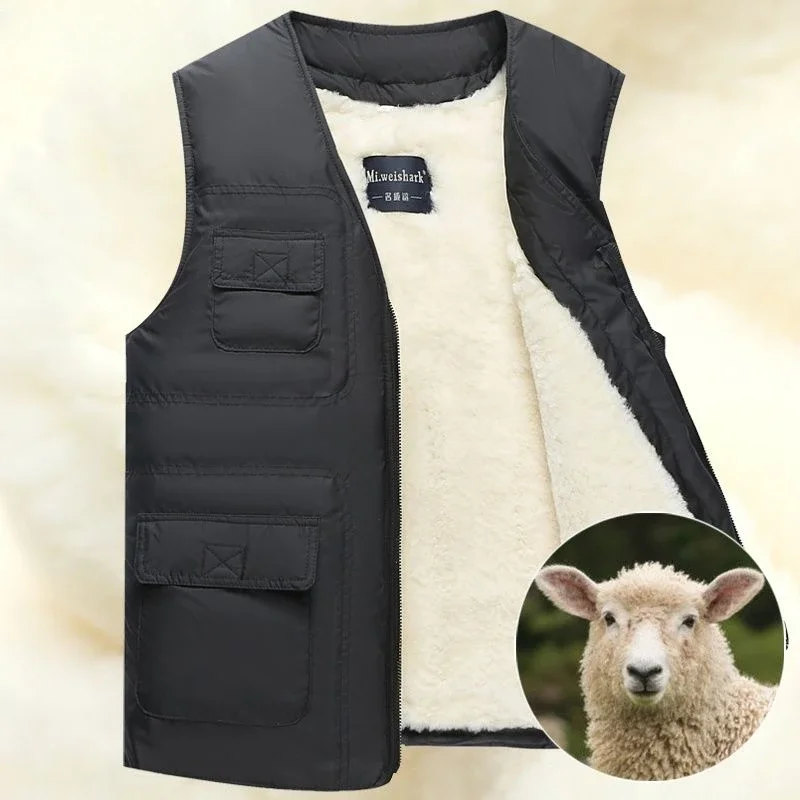 

2023 Men's Autumn Winter Fashion Middle-aged Warm Vest Male Real Wool Fur Waistcoat Men Padded Cotton Sleeveless Coats D344