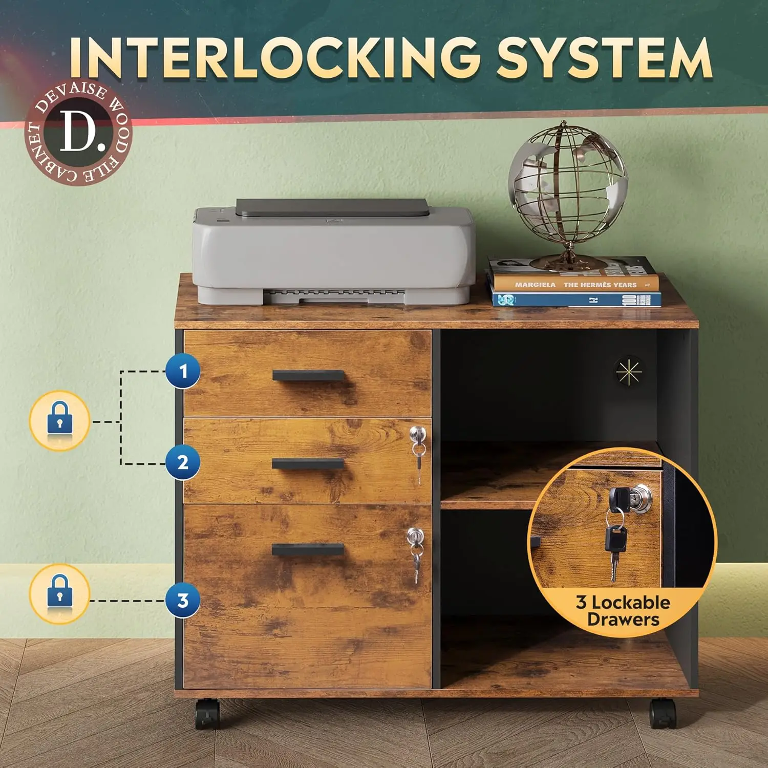 3-Drawer Wood File Cabinet with Lock, Mobile Lateral Filing Cabinet, Printer Stand with Open Storage Shelves