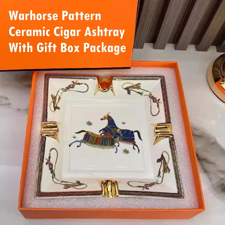 Luxury Ceramic Cigar Ashtray With Gift Box Package Warhorse Pattern Ash Holder Cigarette Holders 2/4 Grooves Available ceramic ashtray