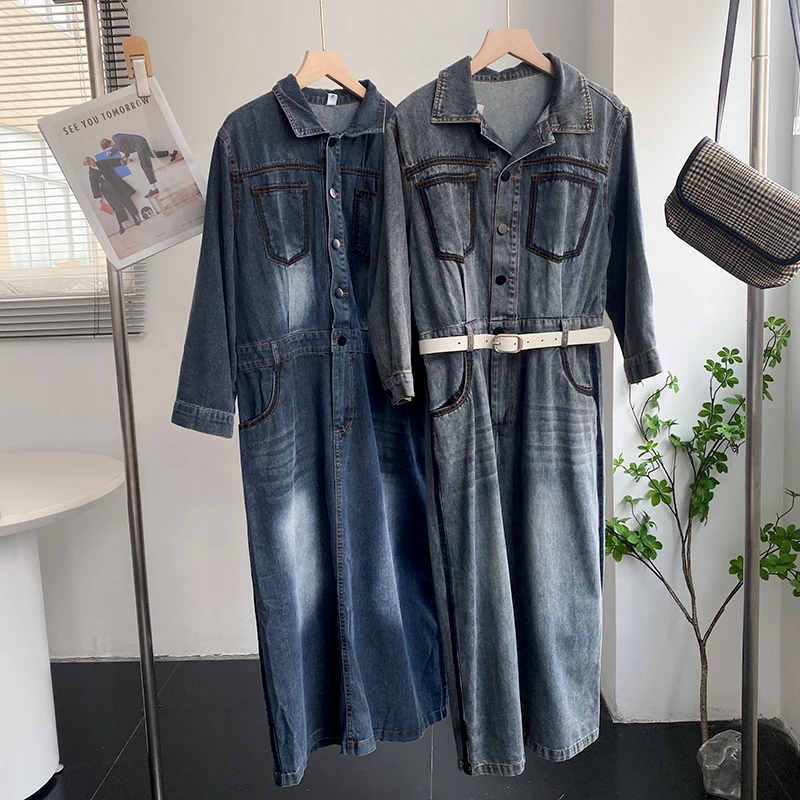 

Women's Mid-Length A-Line Denim Dress Turn-Down Collar Full Sleeve Loose Female Jean Dresses American Vintage Streetwear