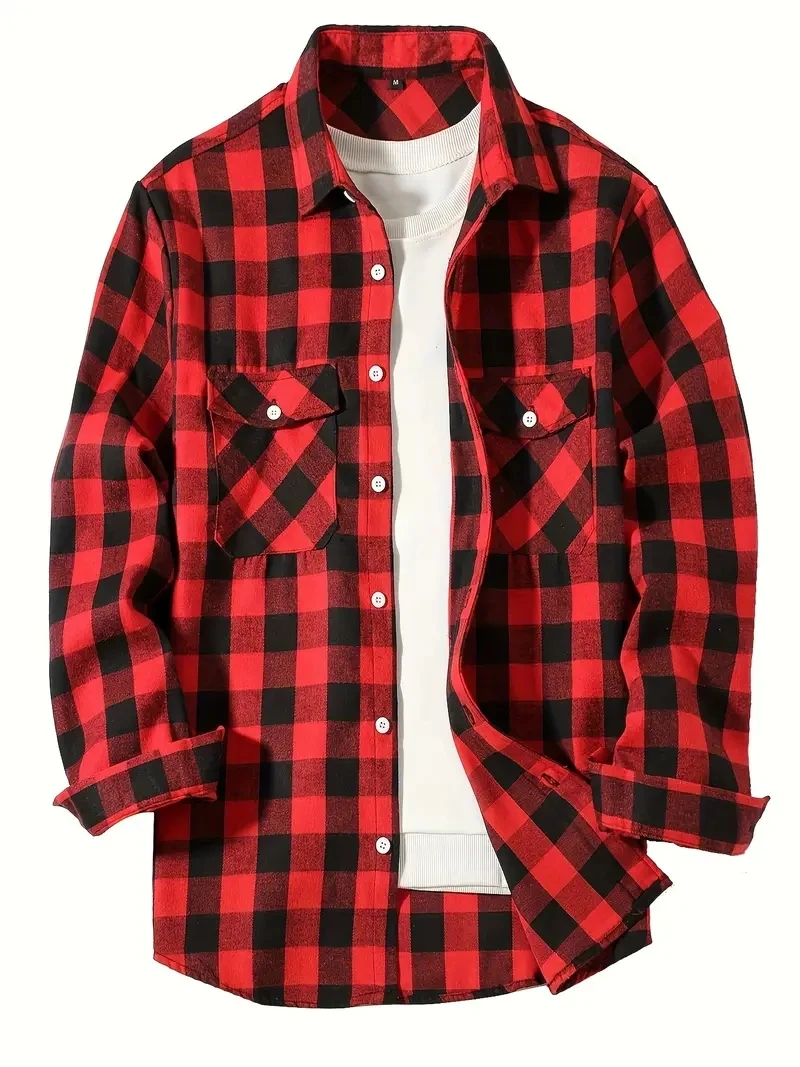 2024 New Men's button-up regular Casual Plaid Flannel Shirt Long-Sleeved Chest Two Pocket Design Fashion Printed-Button 5 Colors