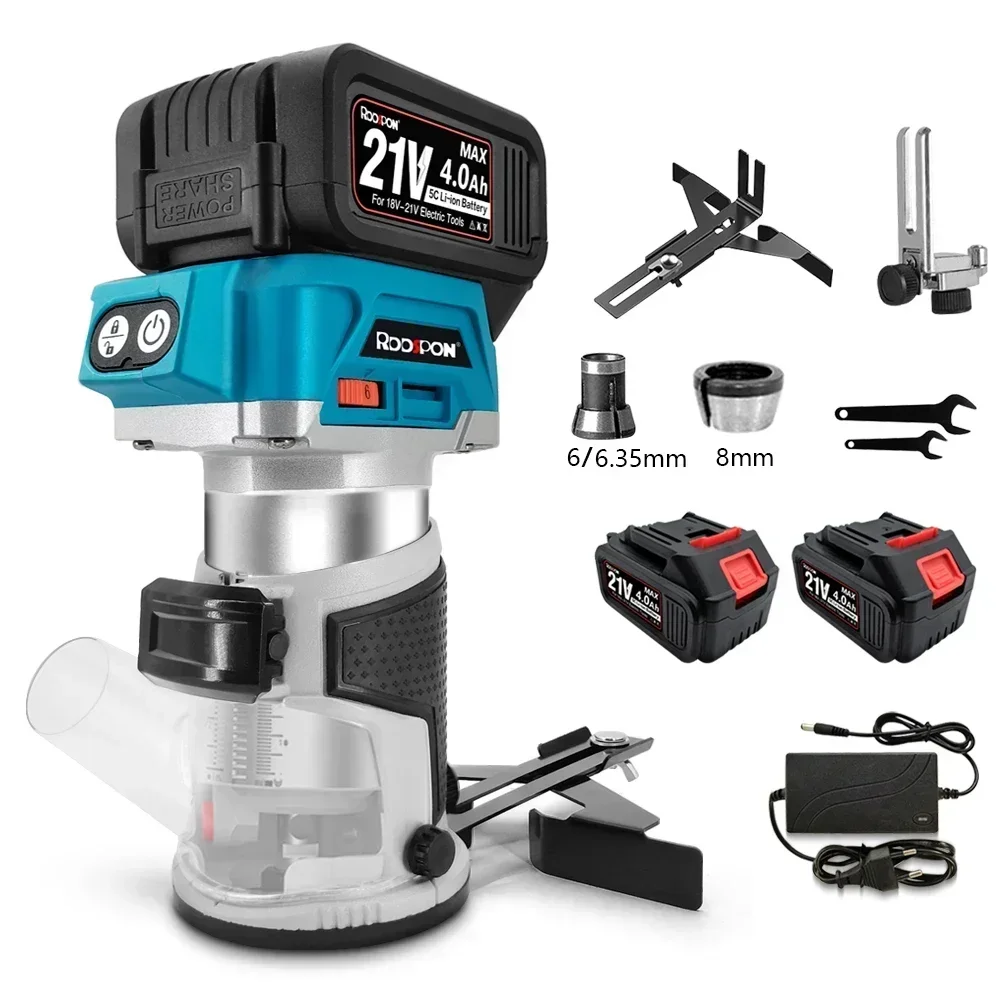 Wood Router 6/6.35/8mm 6 Speeds Electric Trimmer Cordless Wood Router Woodworking Engraving Slotting Power Home Tools for Makita 18V Battery