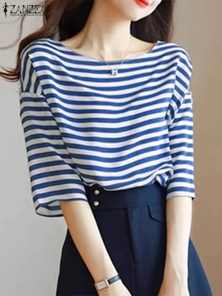 

ZANZEA Elegant Women Blouse O Neck OL Work Shirt Femme Half Sleeve Blusas Summer Spring Tops Fashion Stripe Blouses Oversize