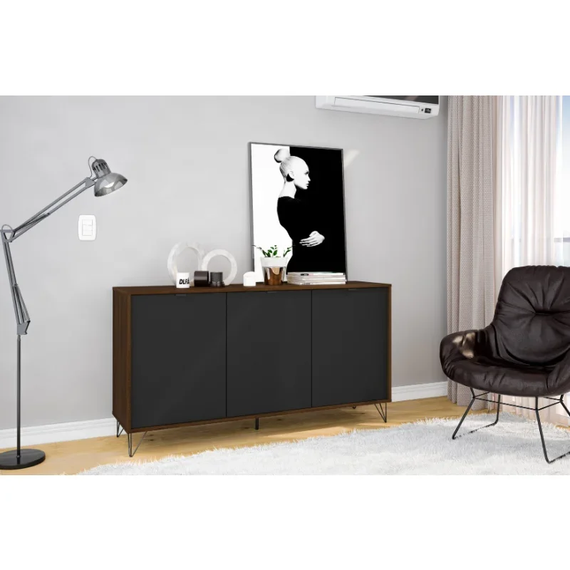 Polifurniture Montreal 59 in. Sideboard with 3 Doors, Black & Dark Brown Finish sideboard Dining Room Furniture
