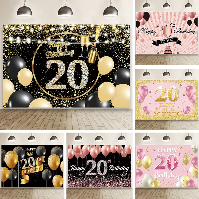 

Black and Gold 20th Photo Backdrop Girls Boys Happy Birthday Party Decoration 20 Years Adult Bar Mitzvah Photography Background