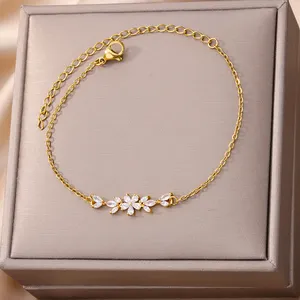 Элегантный циркониевый браслет с цветами для женщин и девочек, очаровательный золотой цвет, браслеты с изображением растений из нержавеющей стали, роскошные дизайнерские ювелирные изделия, подарки