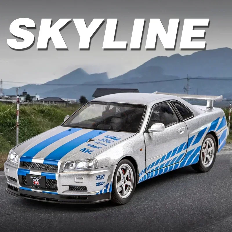 1:24 Nissan GTR R34 Skylin Fast & Furious Alloy Car Model Sound and Light Pull Back Children's Toy Collectibles Birthday gift