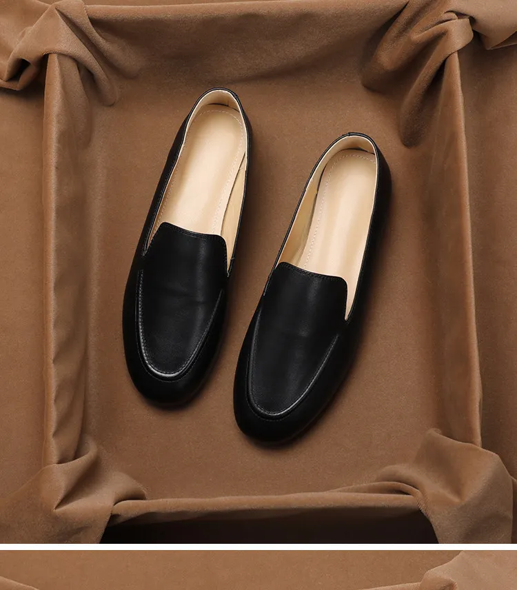 SHOEBOX 한국어 버전 편안한 부드러운 가죽 로퍼, 영국 스타일 플랫 바닥 라운드 토 천연 가죽 싱글 슈즈