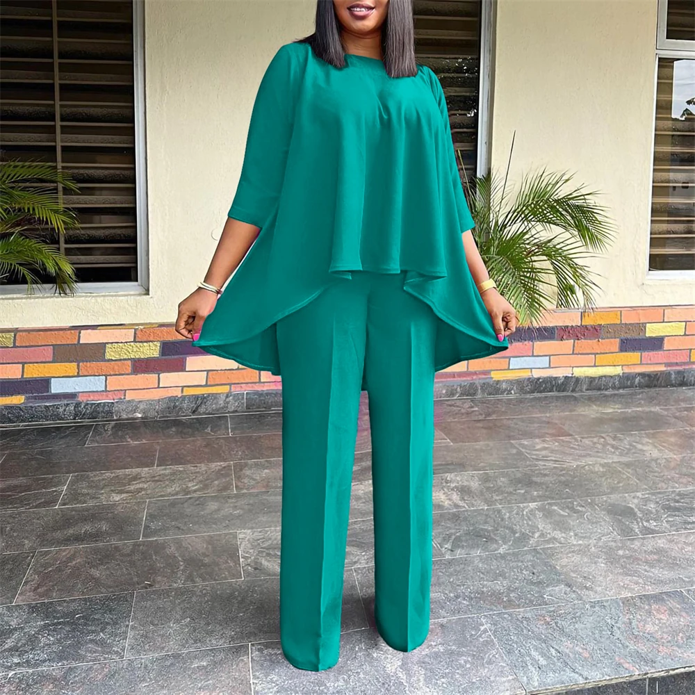 

Casual Loose Fit 2 Piece Sets African Women Abaya Outfits High Low T Shirt Tops Wide Leg Pants Suit Party Dashiki Femme Clothing