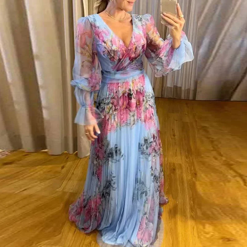 

Autumn Flower Printed Patchwork Party Dress Female V-Neck Waist Pleats Bohemian Dress 2023 Women Mesh Long Sleeved Evening Dress