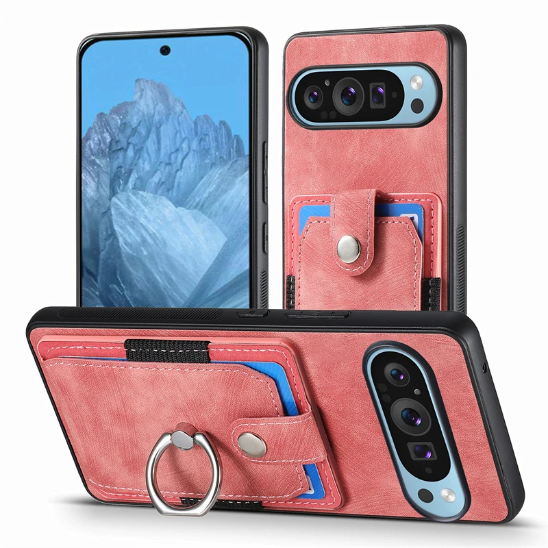 Luxury Leather Magnetic Wallet Case with Ring Stand and Card Slot Cover