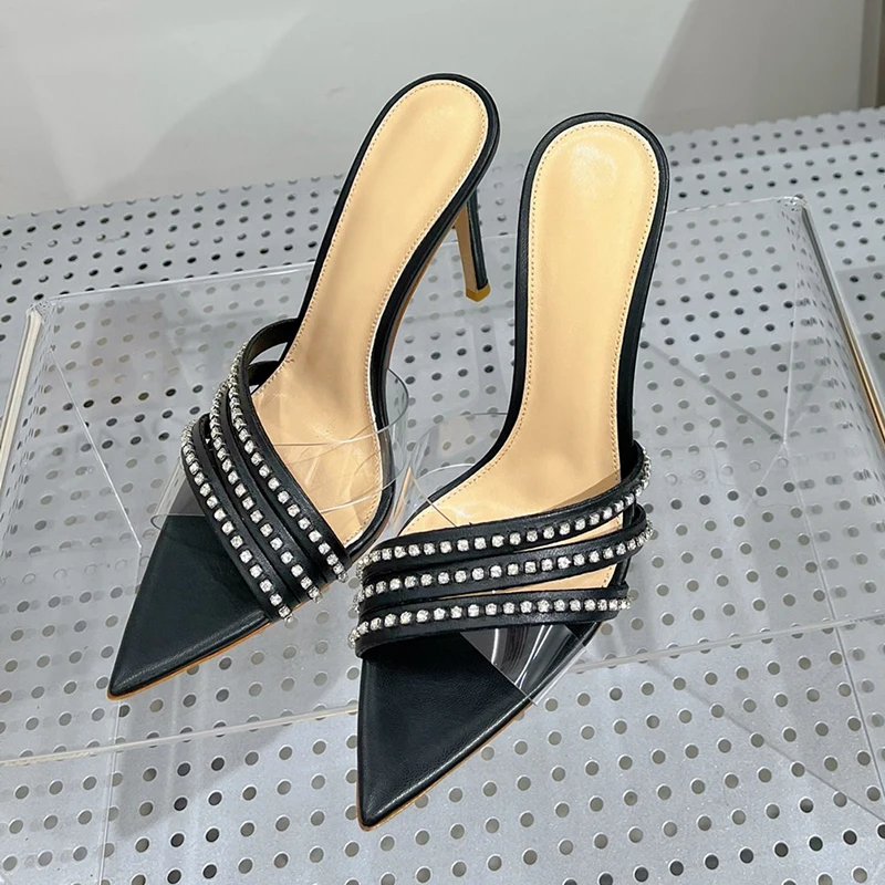 

Women's High Heel Sandals Summer New Crystal Decor Real Leather Material Slippers Cross Belt Design Pointy Toe Female Pumps