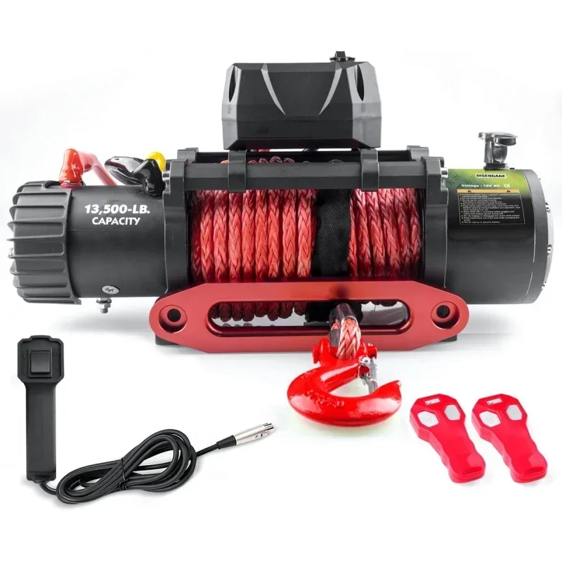 

13500lb Waterproof Electric Red Synthetic Rope Winch with Hawse Fairlead, Wired Handle and 2 Wireless Remote (RED)