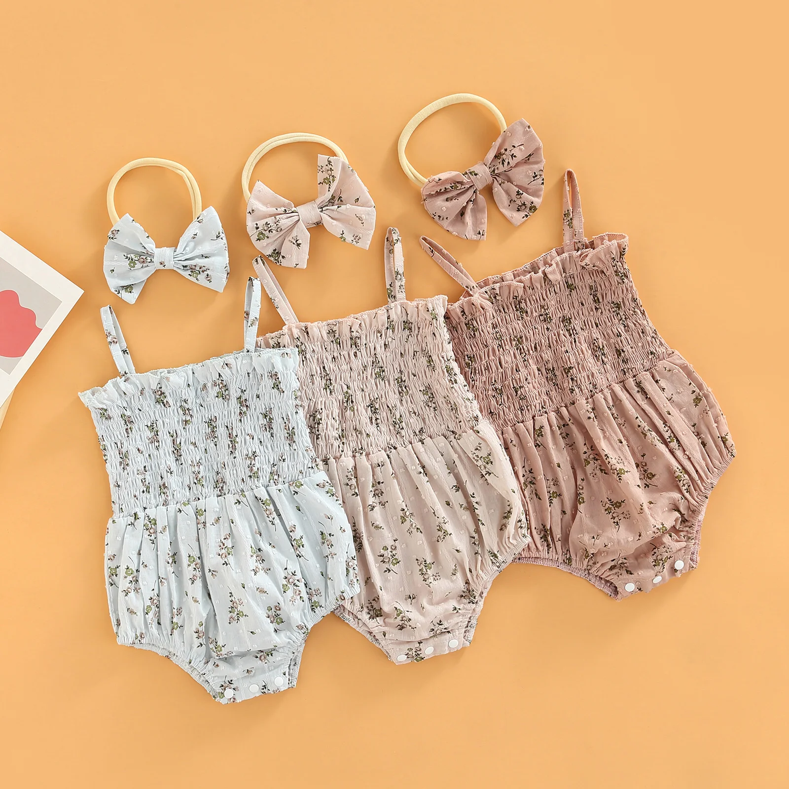 

Baby Girls Bodysuits Set Sleeveless Pleated Flower Print Romper with Bowknot Headband Summer Baby Outfit
