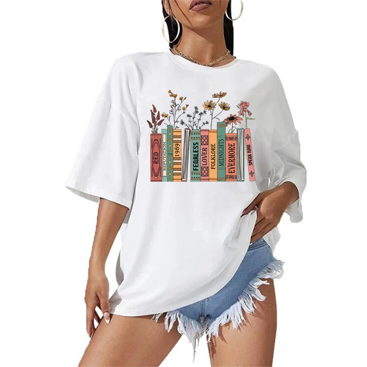 thumbnail image 1 of Camiseta de moda 2024 con álbumes de Taylor, libro, flores, amante de la música country, camiseta Swift, regalo, camiseta de verano de gran tamaño (talla estadounidense), 1 of 5