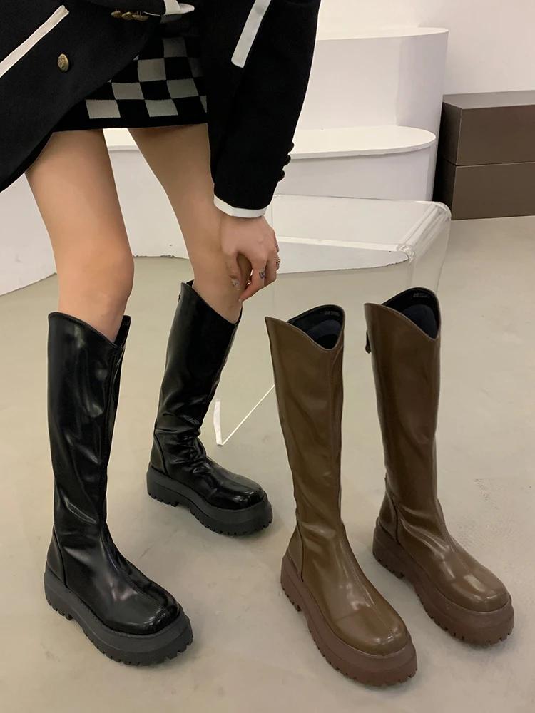 

Женская зимняя обувь сапоги на плоской подошве на платформе с круглым носком-Женские привлекательные Сапоги на молнии на высоком каблуке, высокие привлекательные сабо, осень 2022