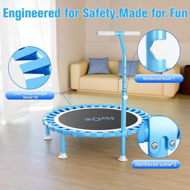 40" Mini Trampoline with Adjustable Handle Bar, 330lbs Foldable Bungee Rebounder for Adults & Kids, Quiet Indoor Exercise