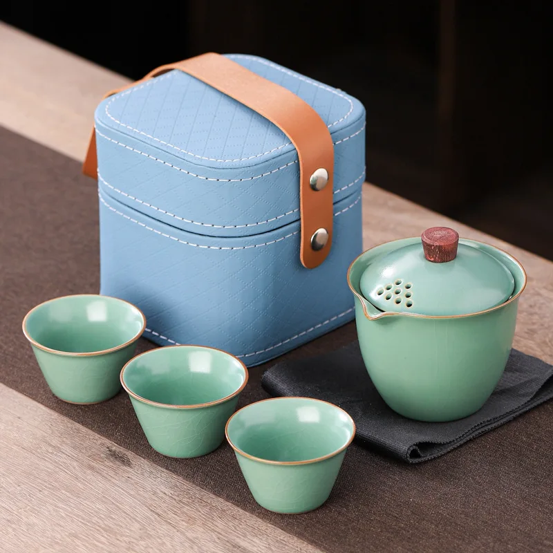 Ru Kiln Travel Tea Set Kuaike Cup Outdoor Portable Kung Fu Tea Set Business Souvenir Gift Ceramic Teaware Sets