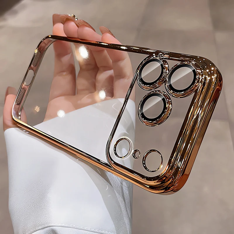 Luxury Camera Cover Protection Case For iPhone Air 17 16 15 14 13 Pro Max Plus 16E Glitter Plating Silicone Soft Clear TPU Shell 2