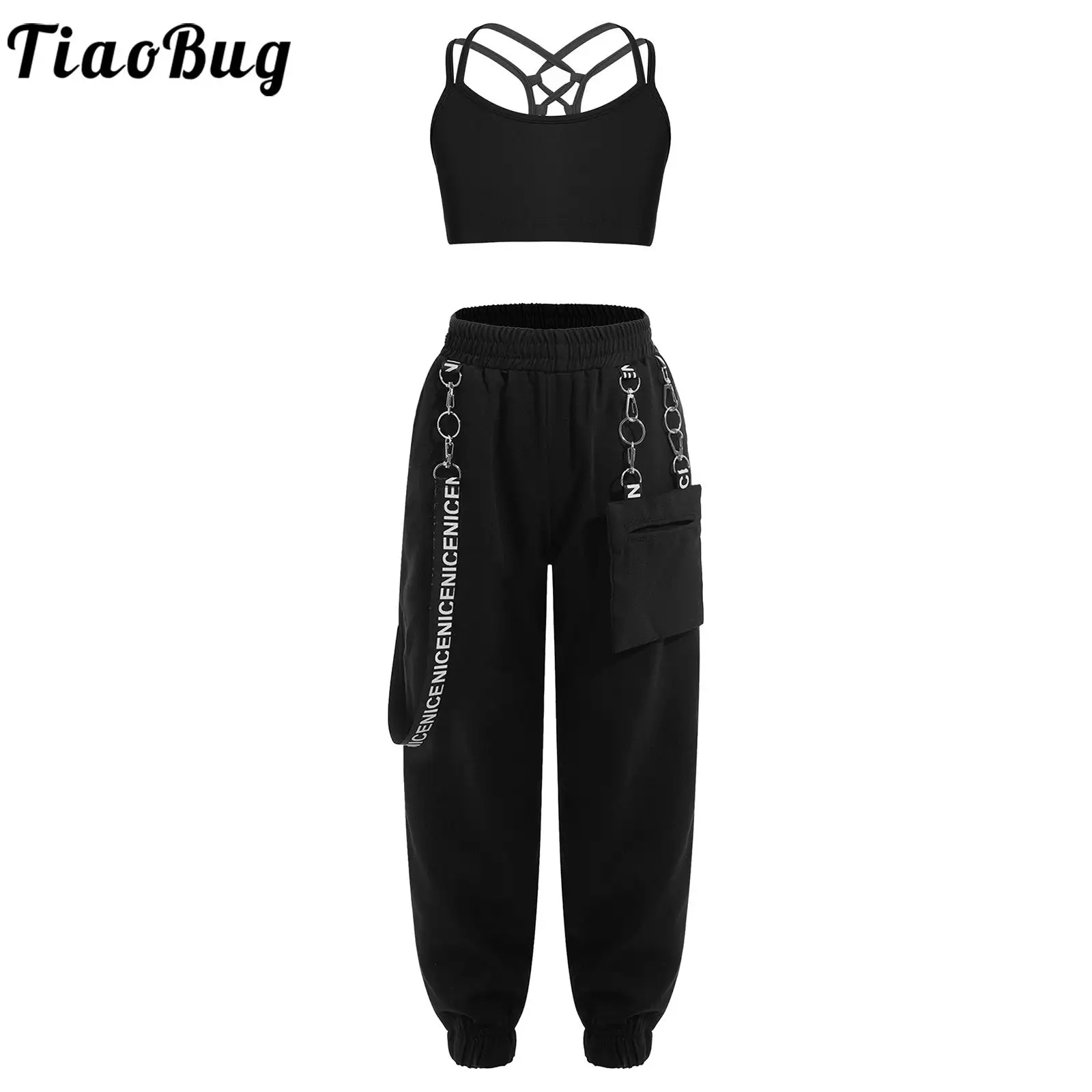 

2pcs Kids Girls Sports Suits Sleeveless Strappy Back Crop Top with Elastic Waistband Chain Pocket Pants for Dance Performance