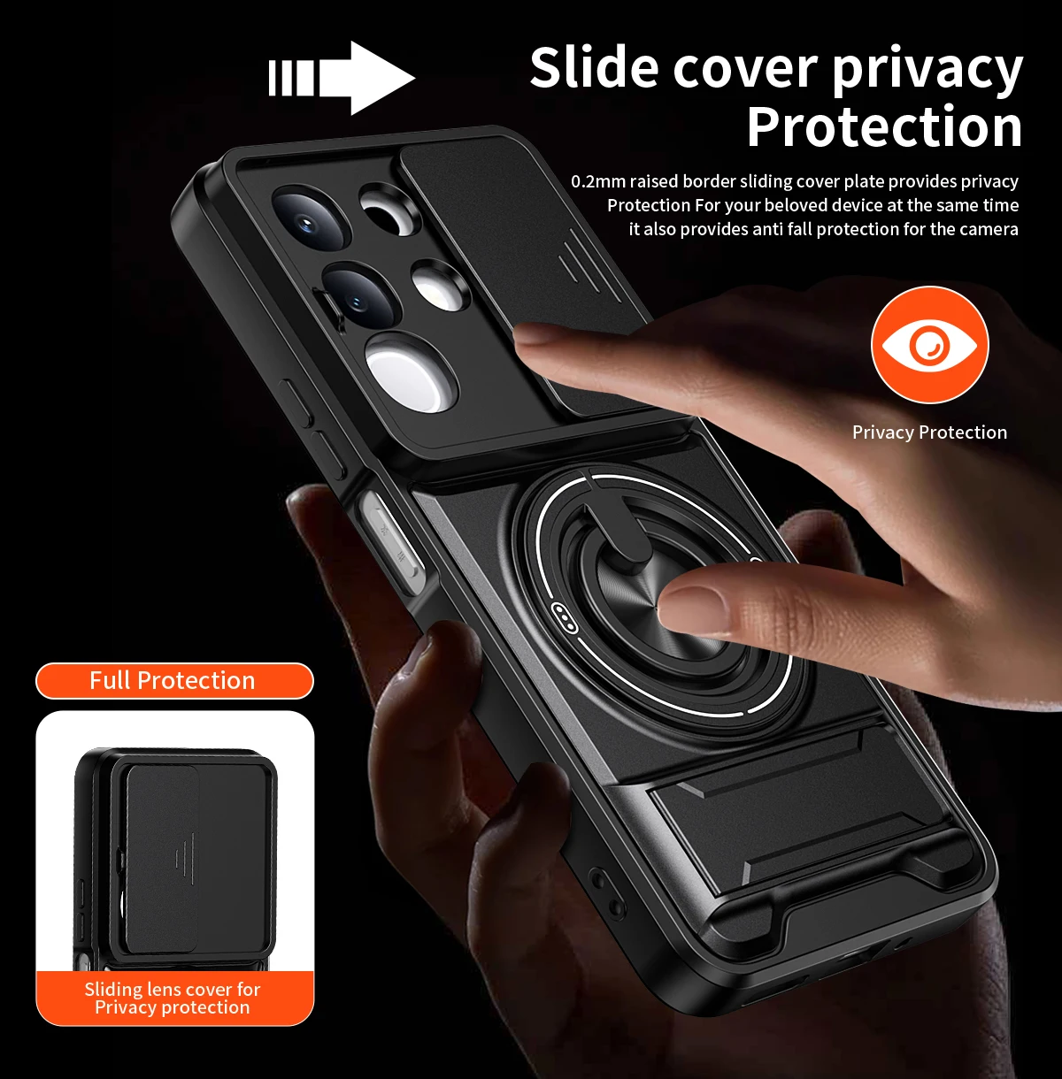 Camera Sliding Cover Phone Case with Double Bracket and Magnetic Ring Protection