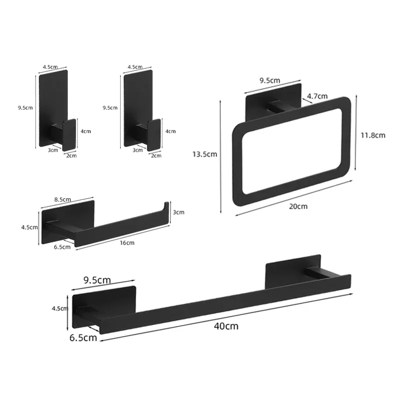 Matte Black Bathroom Accessory Set with Wall Shelf, Towel Rack, and Robe Hook
