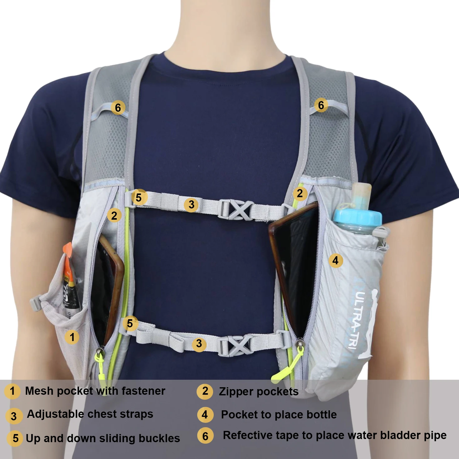 ULTRA-TRI Lightweight Hydration Vest Pack Outdoor Sport 5L Trail Running Hiking Cycling Backpack 4