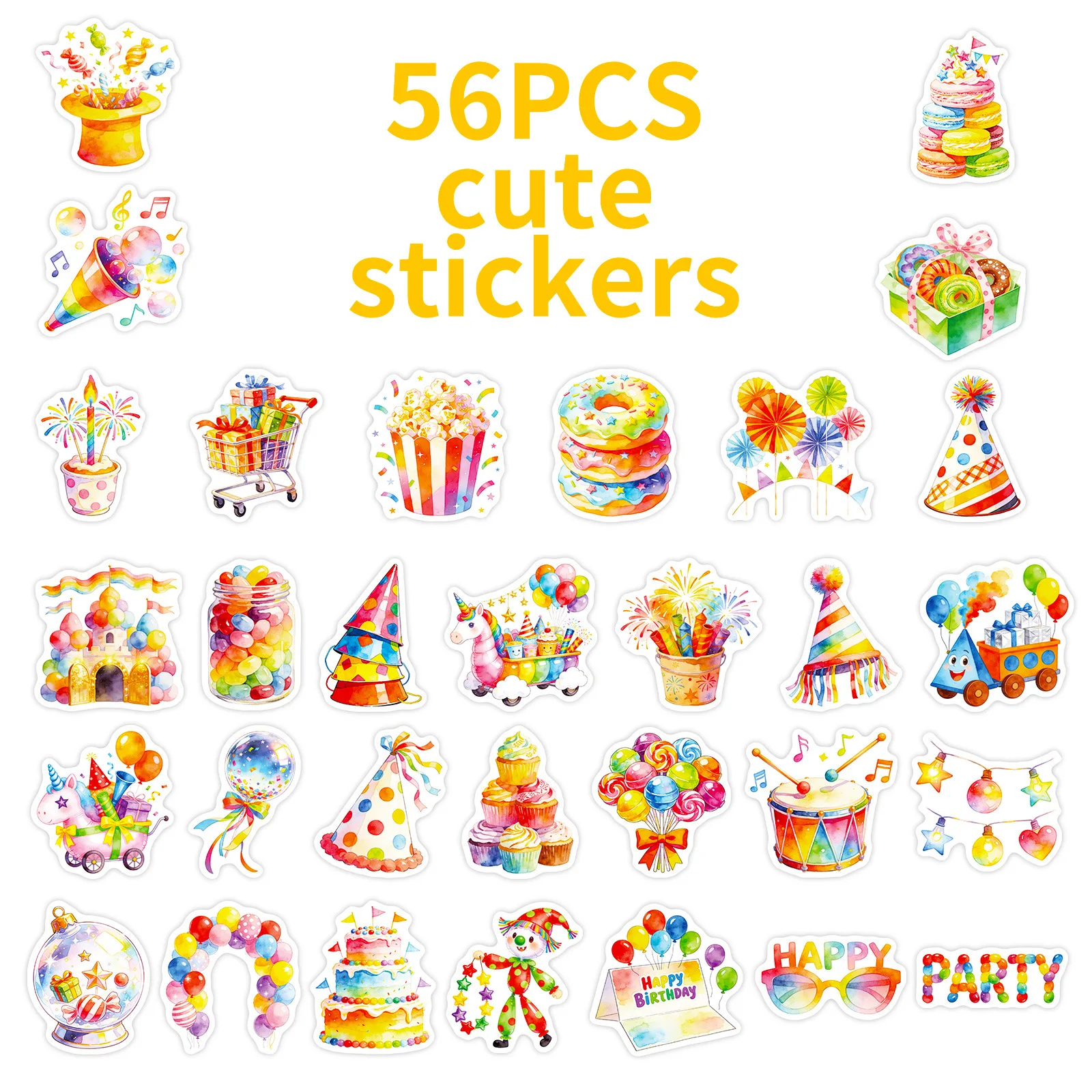 56PCS 수채화 생일 파티 낙서 스티커 풍선 케이크 캔디 요소 학생 문구 노트 생일 선물 스티커