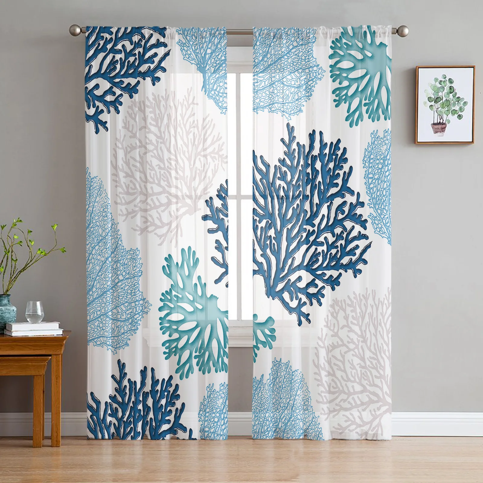 

Blue Marine Coral Sheer Curtains for Bedroom Living Room Decoration Window Curtain for Kitchen Tulle Voile Organza Drapes