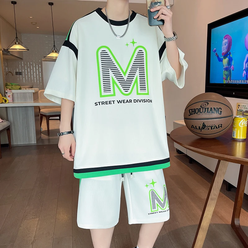 

Мужской спортивный костюм из двух предметов, Повседневная футболка и шорты свободного покроя, молодежная уличная одежда, спортивные футболки и штаны, Новинка лета 2024