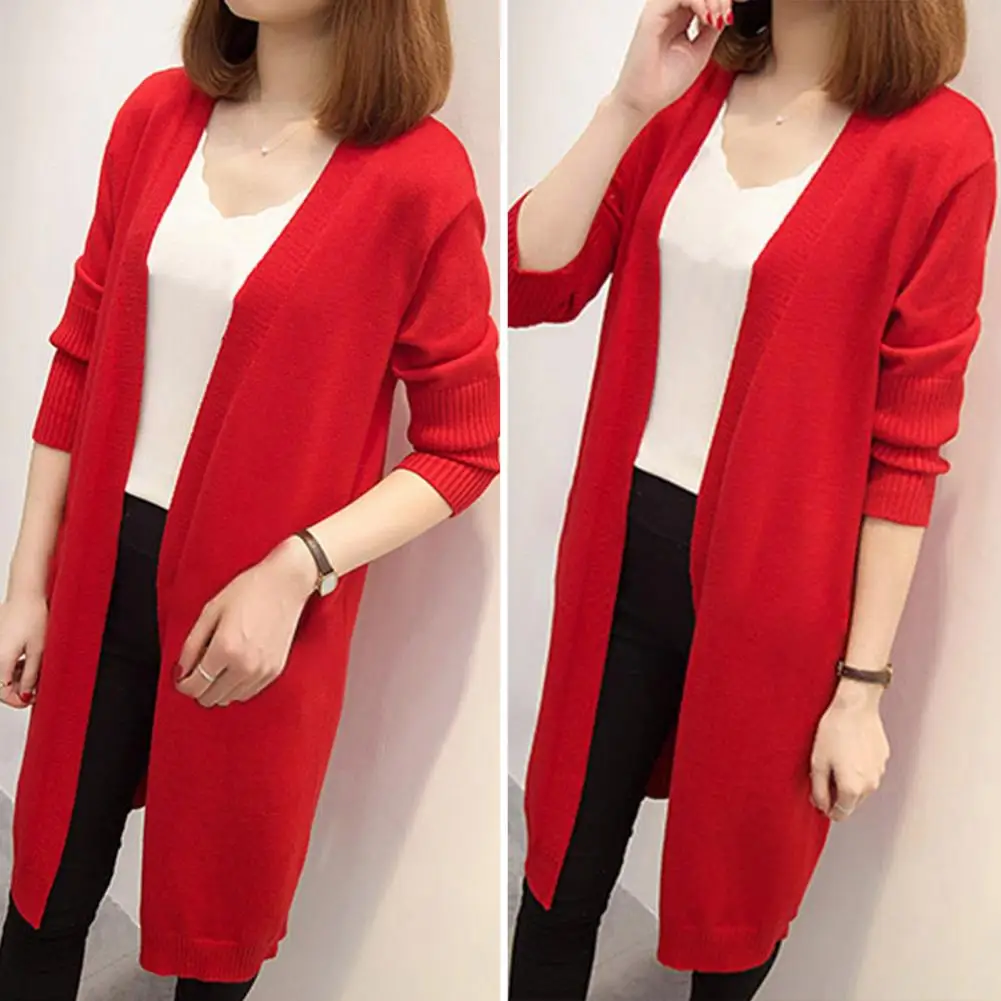 

Casual Cardigan Chic Women's Knitted Cardigans Mid-long Open Front Elegant Solid Colors for Spring Autumn Streetwear Mid Length